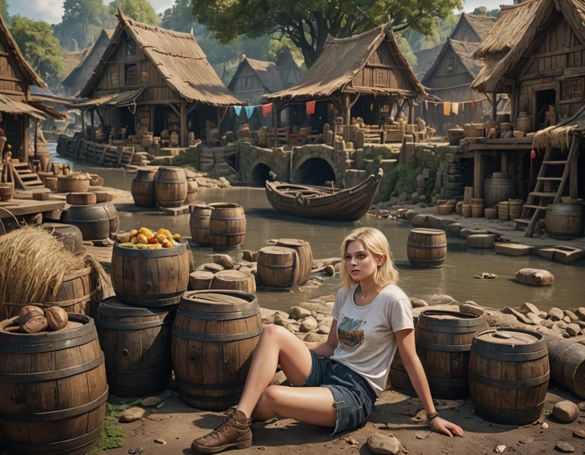 Village Market Scene with River and Boats