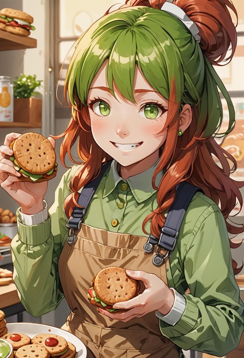Anime Girl with Sandwich Cookie in Pastel Colors