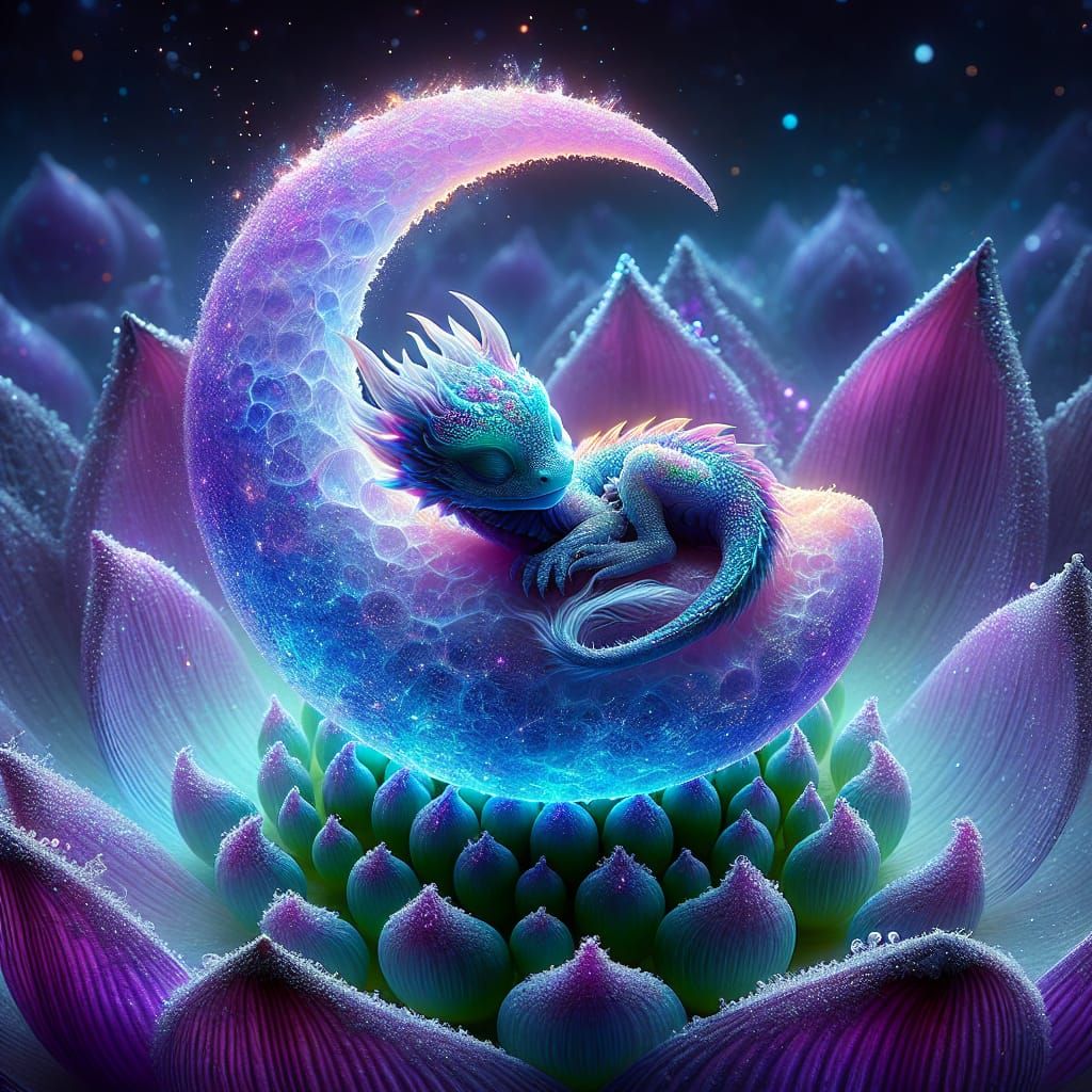 Surreal Lotus Dreamscape with Slumbering Iridescent Dragon