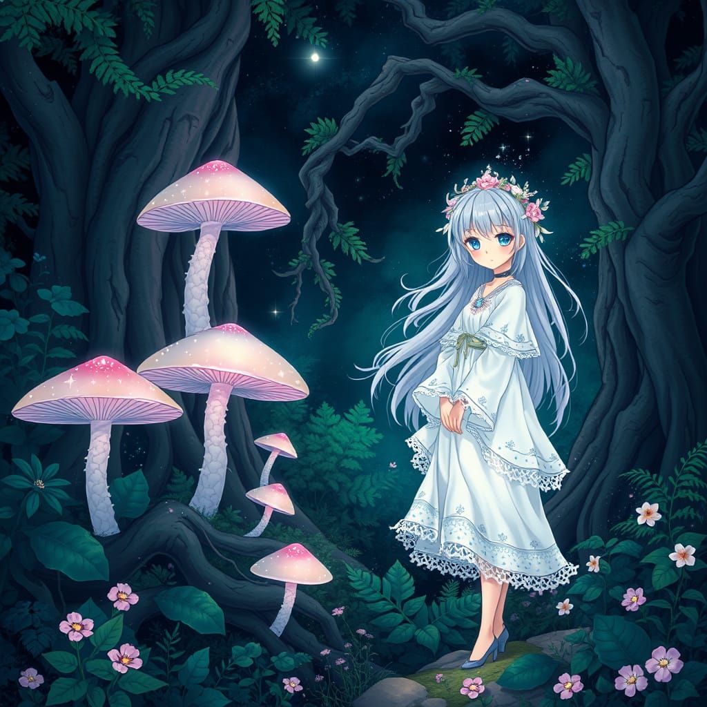Mystical Anime Girl in Enchanted Forest, Cyberpunk Style