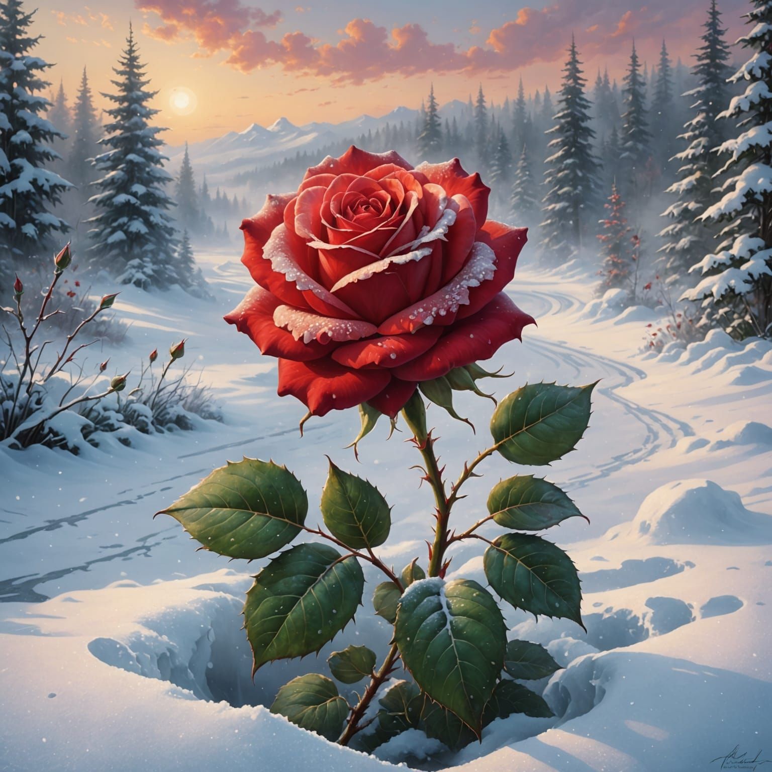 Red Rose Emerging from Snow, Ethereal Fantasy