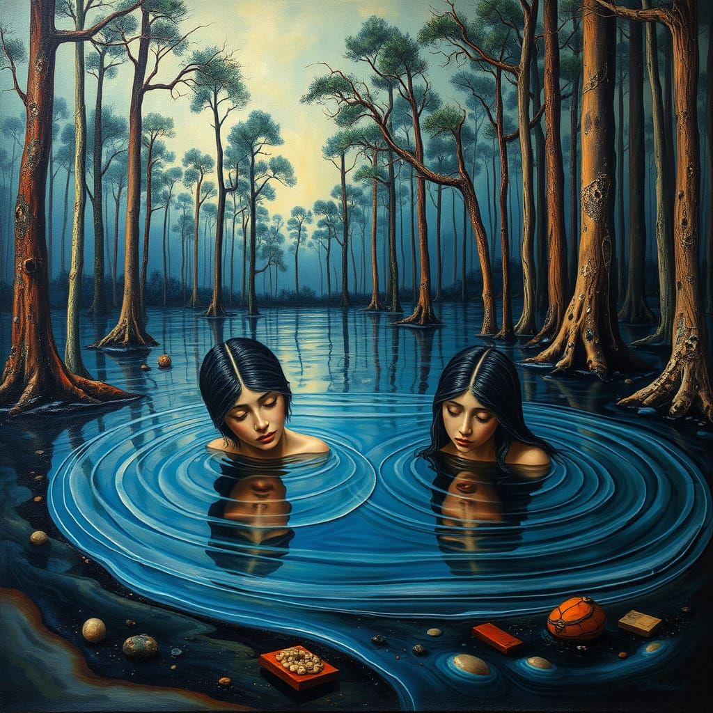 Surrealist Oil Painting of Figures in a Melting Forest