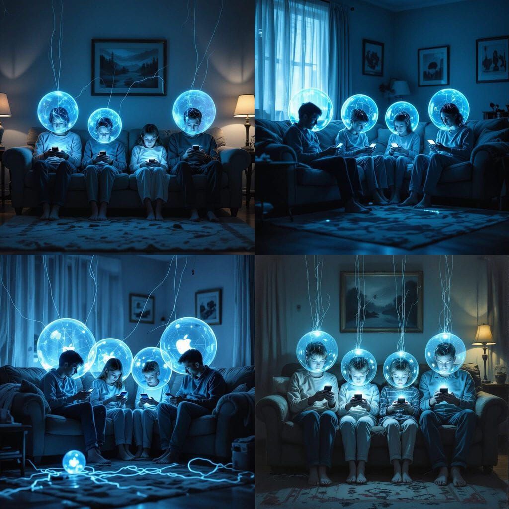 Family Isolation: Digital Disconnect in Surreal Painting