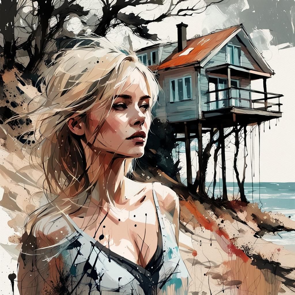 Baltic Sea Cliffside Woman in Pastel Ink Style