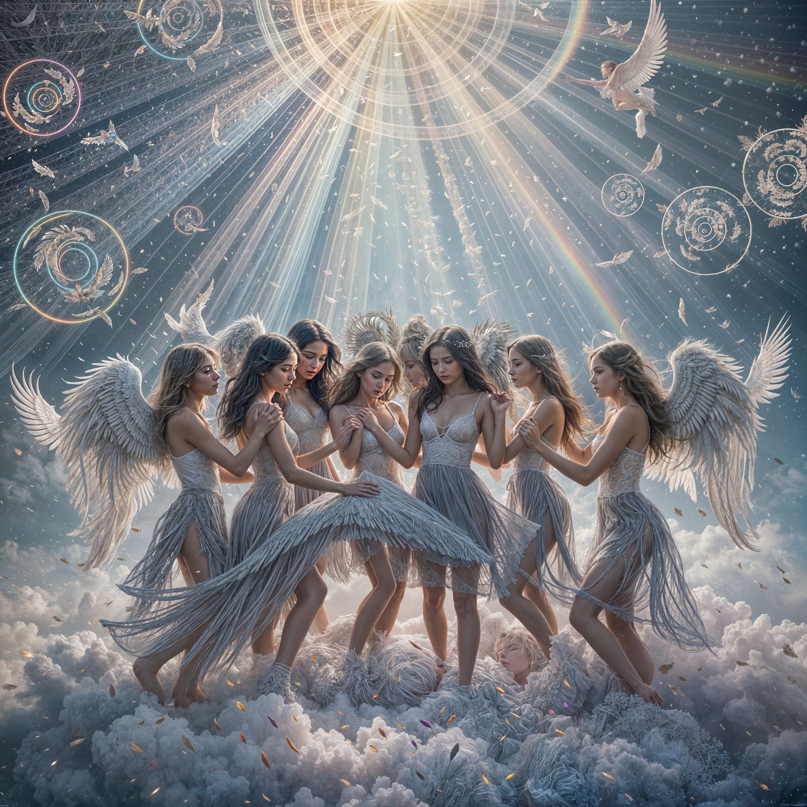 Angelic Women's Pillow Fight in Fractal Light