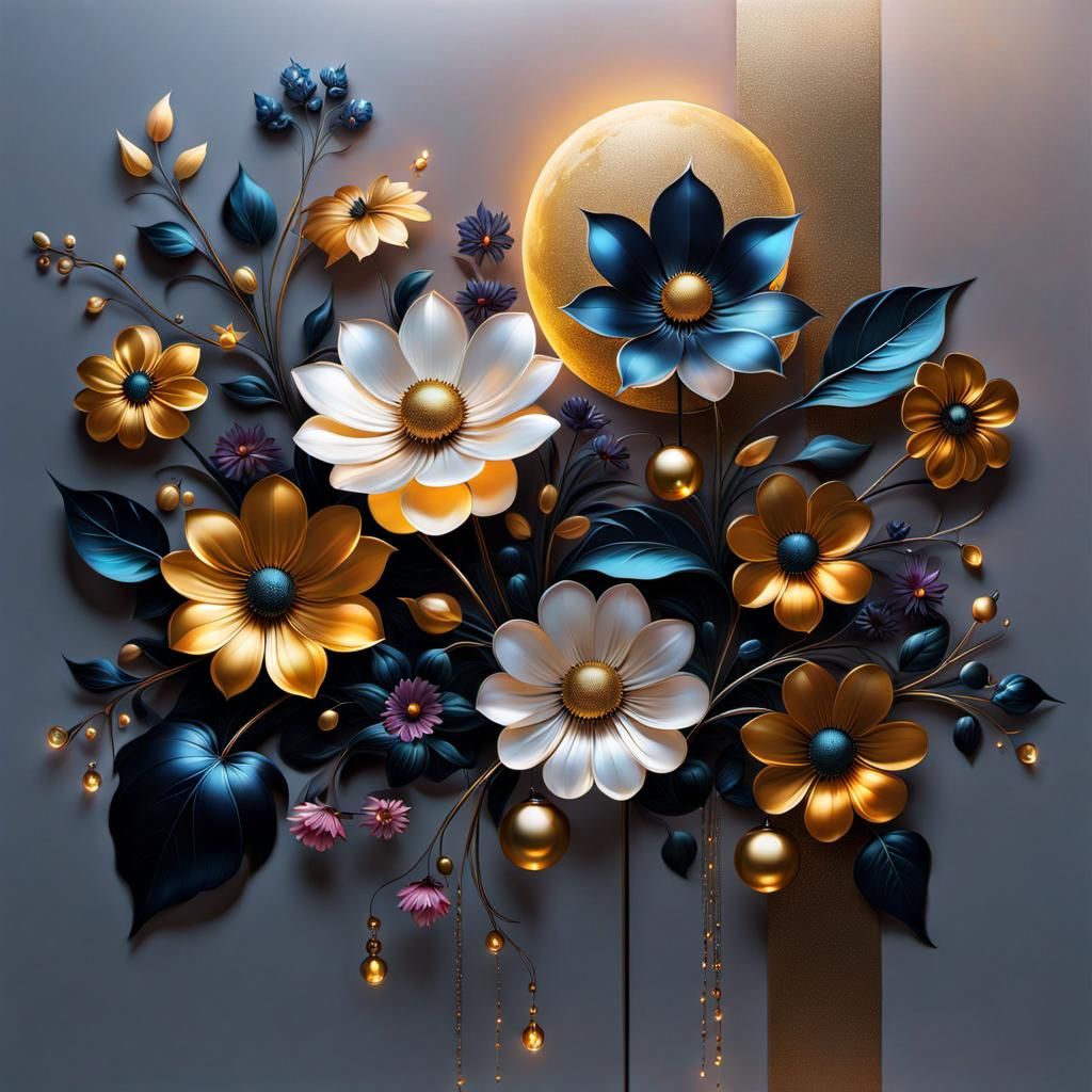 Nighttime Italian Town Landscape with Glowing Flowers