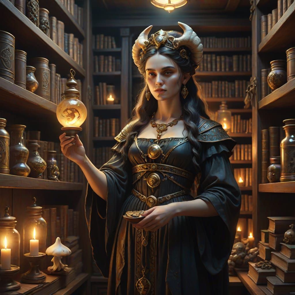 Goddess Hecate in Apothecary: Hyperrealistic Digital Art