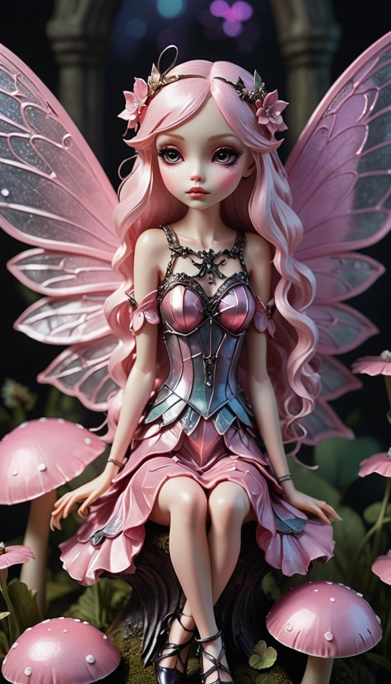 Pink Gothic Fairy on Toadstool in Low-Poly Art