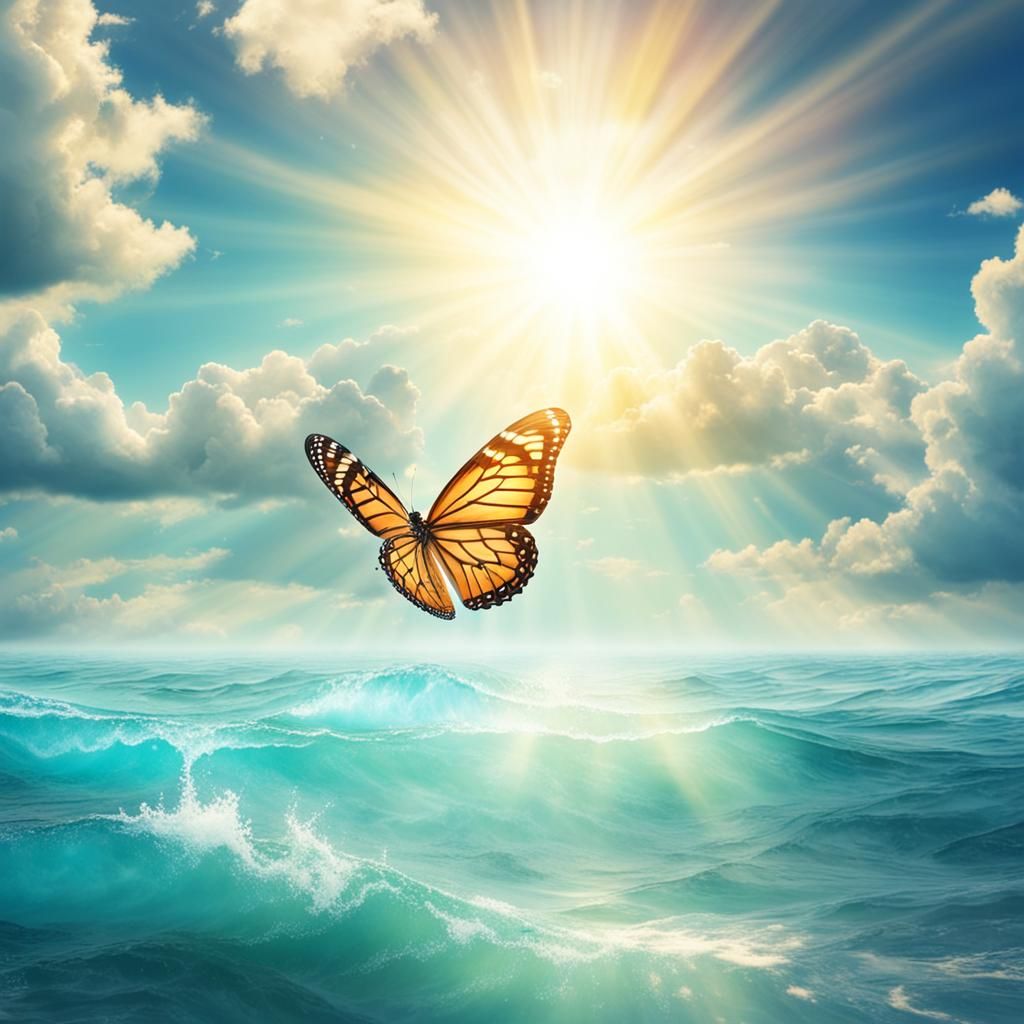Butterfly Soaring Above Ocean in Divine Light