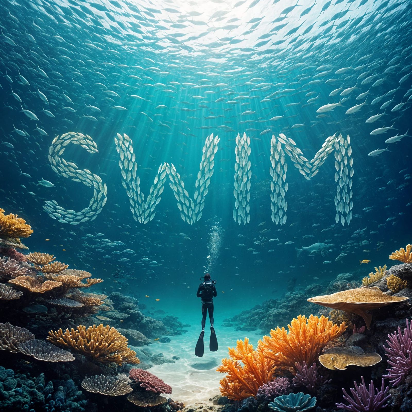 School of Fish Spells 'Swim' for Scuba Diver