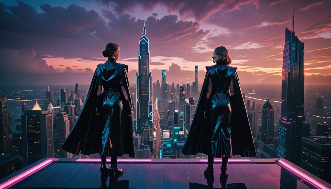 Mother and Daughter in Futuristic Cityscape