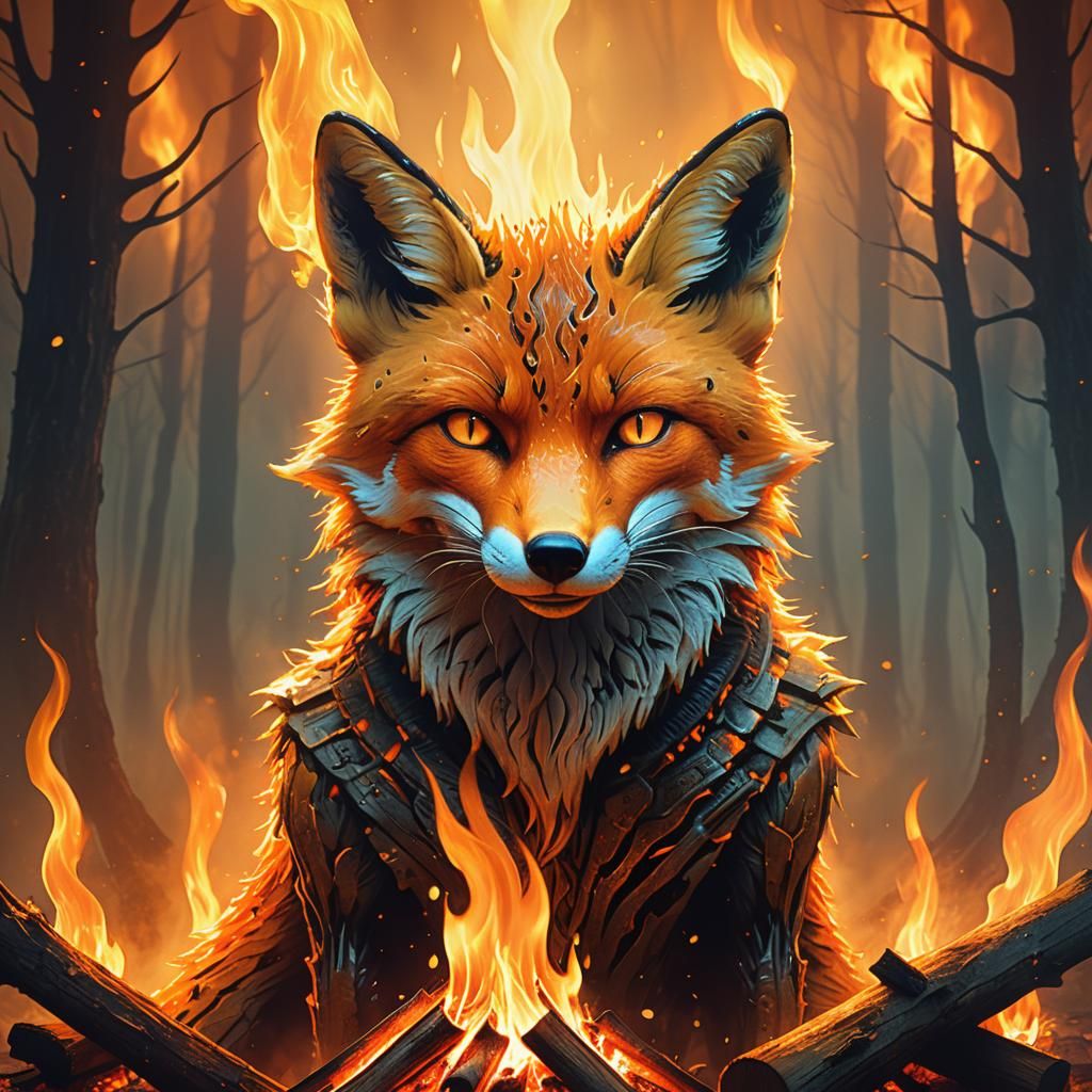 Surreal Fox of Blazing Embers Rises from Campfire in Golden ...