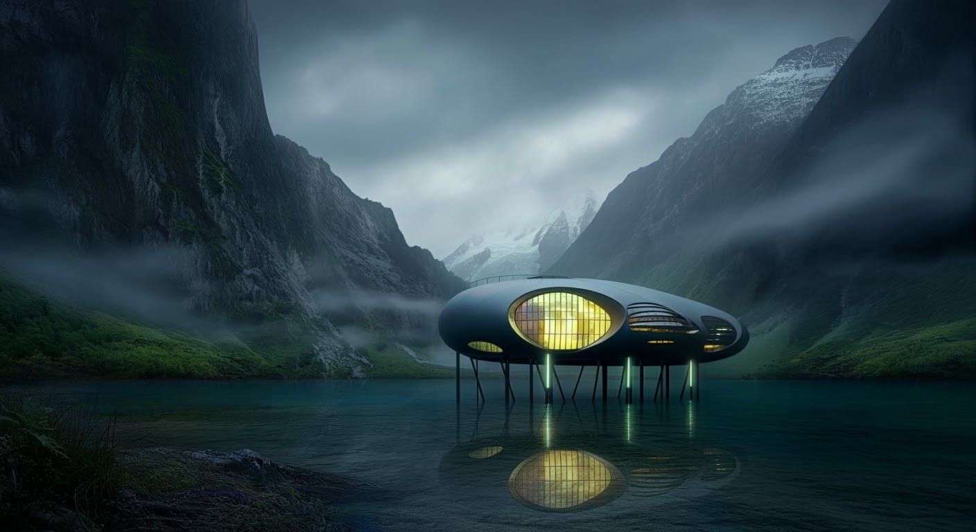 Futuristic Lake Structure in Mountain Landscape