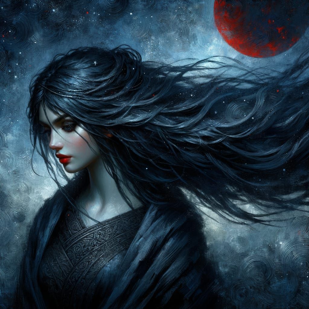 Mysterious Norse Goddess Under Dark Blue Skies