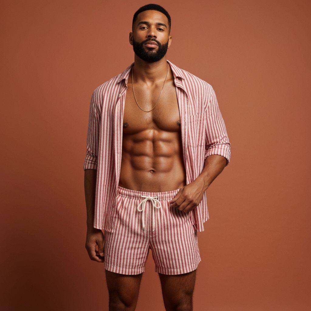 Studio Portrait of a Confident Man in Striped Two-Piece Set