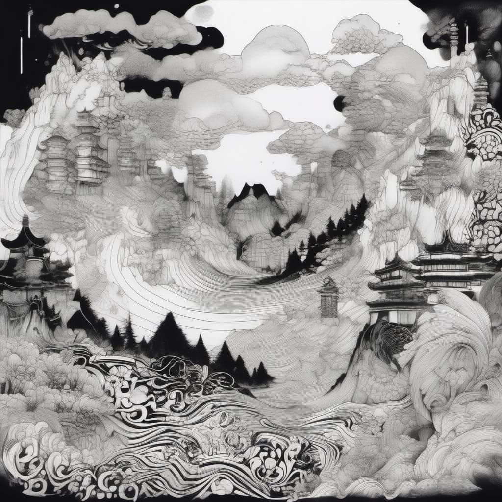 Aerial Ink Landscape of Crystal Water with Edo Mountains