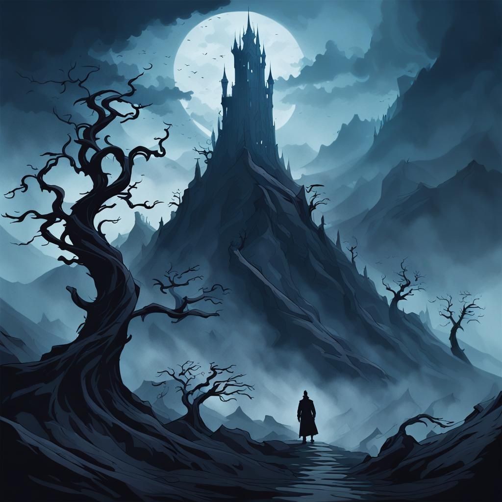 Ominous Tower in Swirling Fog: A Gothic Vision