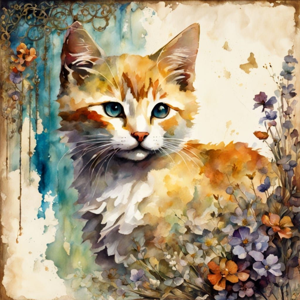 Whimsical Watercolour Garden Scene with Playful Kitten