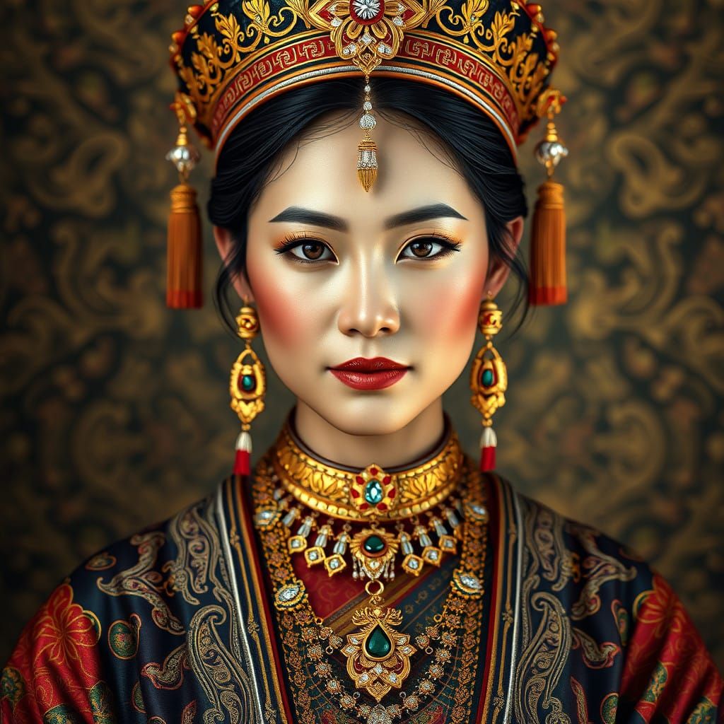 Tibetan Queen in Futuristic Attire with Gold and Diamond Jew...