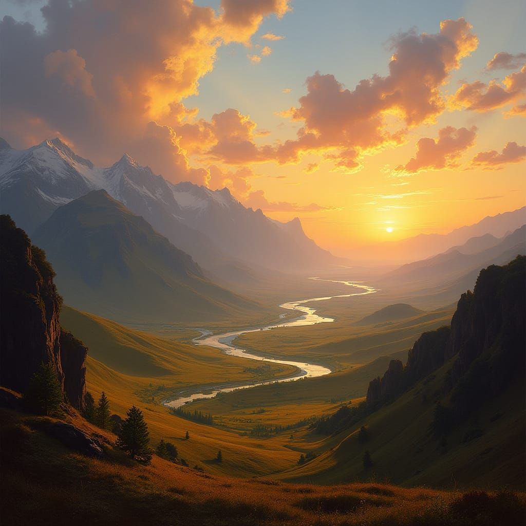 Golden Hour Sunset Landscape Painting