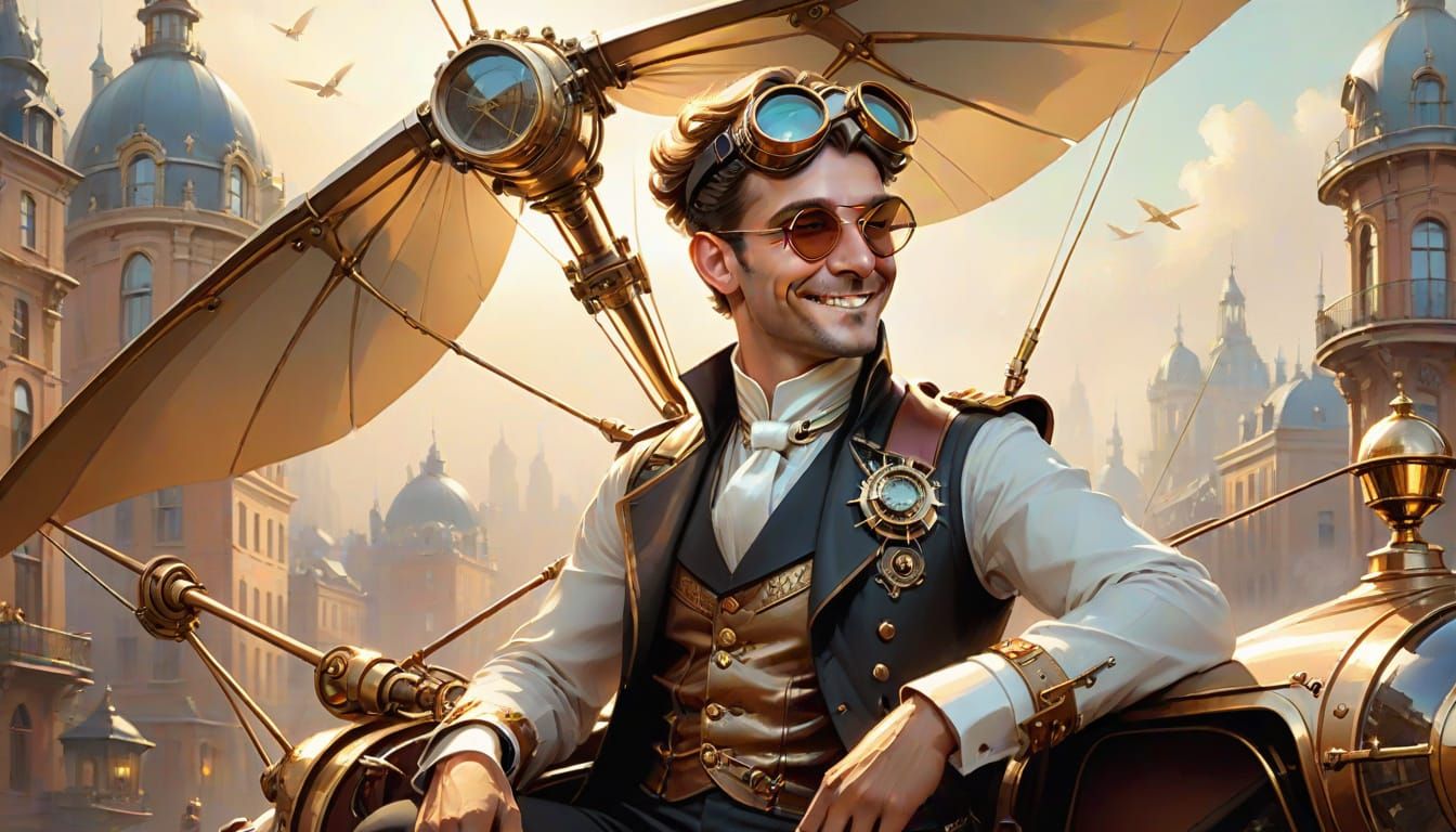 Steampunk Ornithopter Pilot Above Victorian City