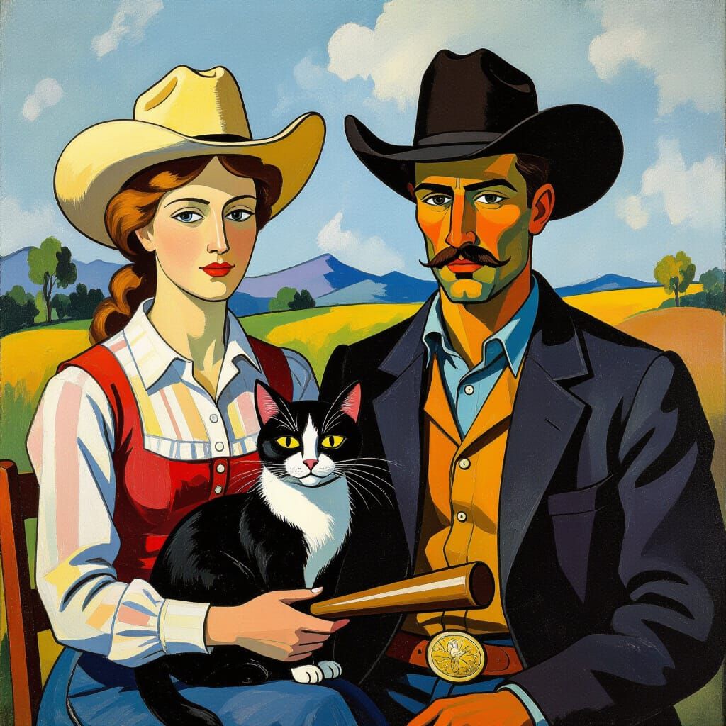 Cowboy and Cat with Bat in Cezanne and Magritte Style