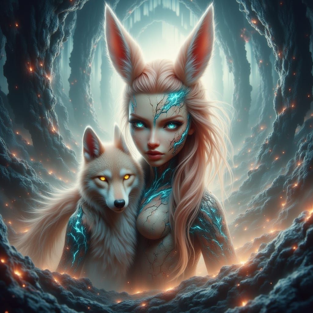 Whimsical Girl Stepping into Infinity with Loyal Wolf Compan...