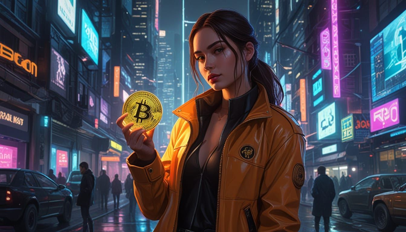 Latina Model with Bitcoin in Cyberpunk Cityscape
