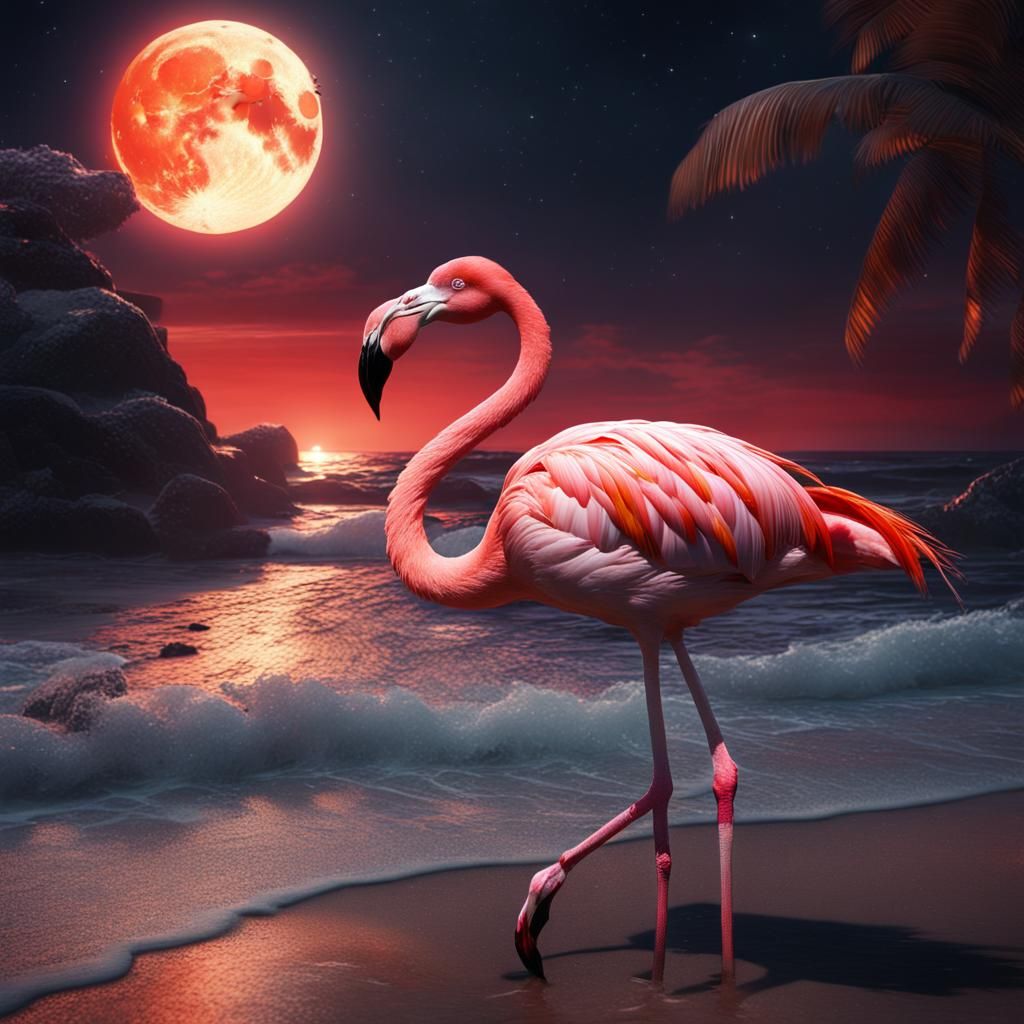 Flamingo on Beach Under Flaming Moon: Fantasy Art