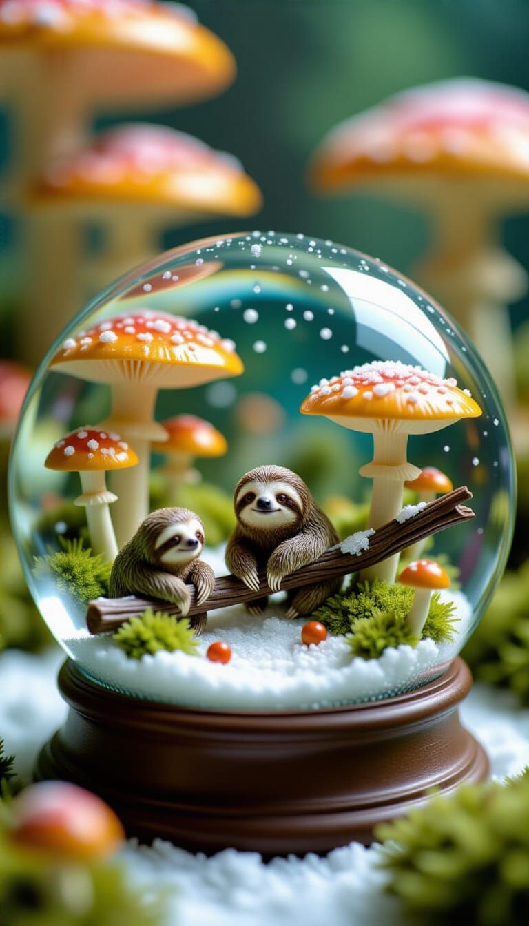 Surreal Sloth Sanctuary Diorama in Cracked Snow Globe