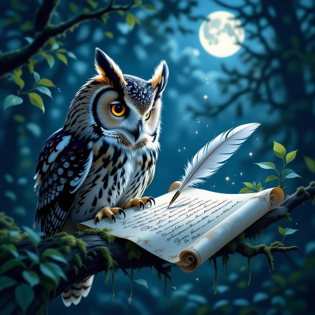 Wise Owl Writes Calligraphy in Moonlit Forest Clearing