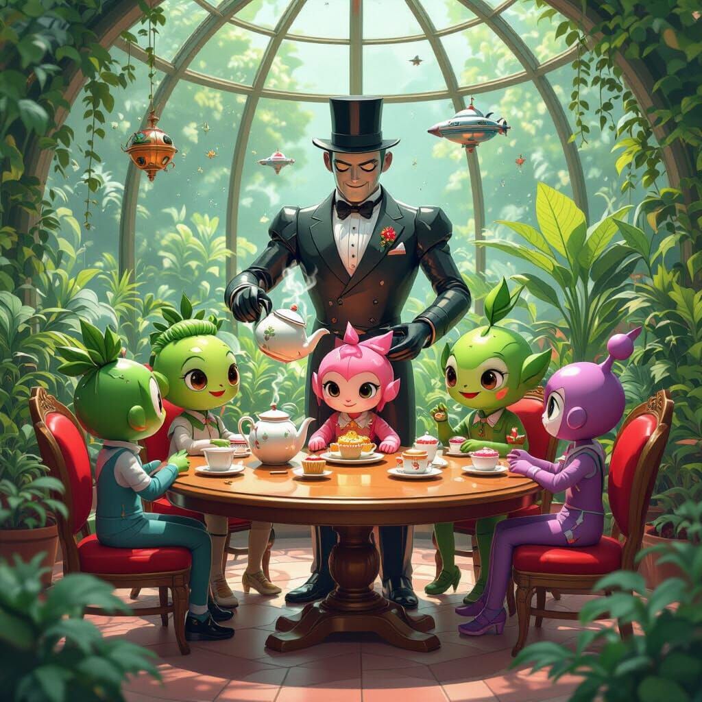 Retro Robot Butler Serving Tea in Whimsical Greenhouse
