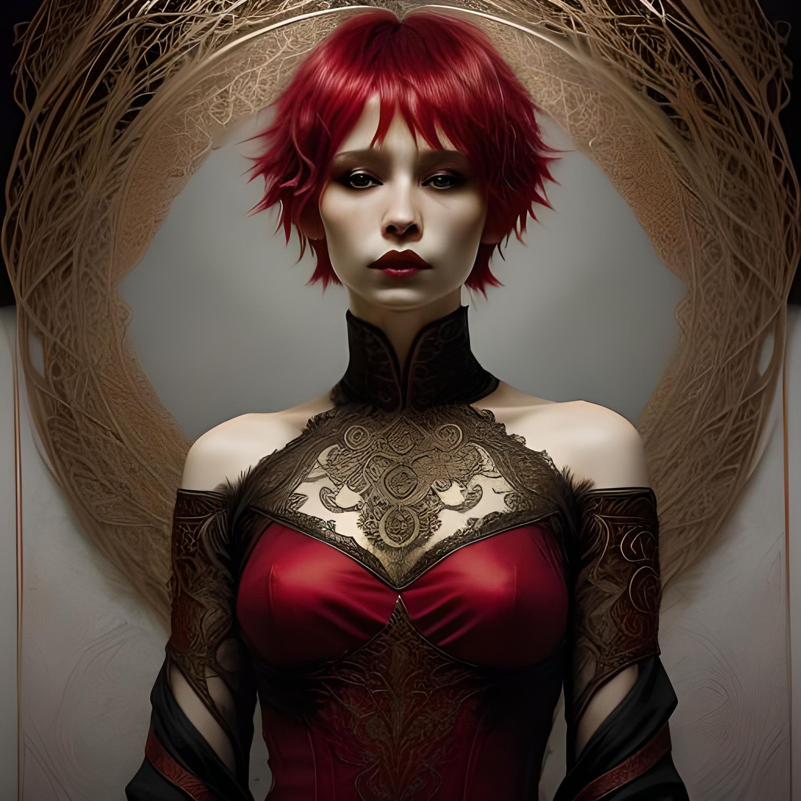 Vermillion Albino Woman in Royal Hall, Sfumato Style