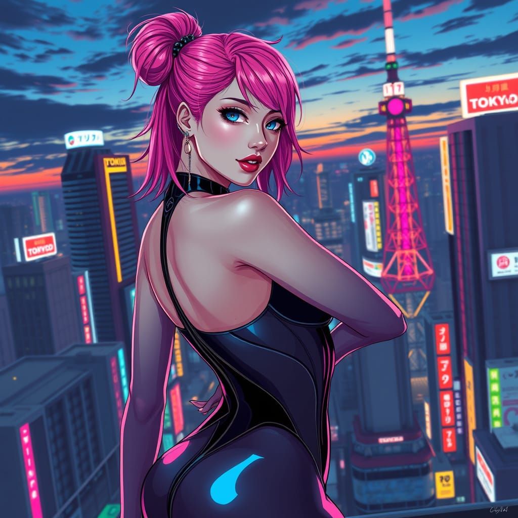 Cyberpunk Goddess in Tokyo Dusk