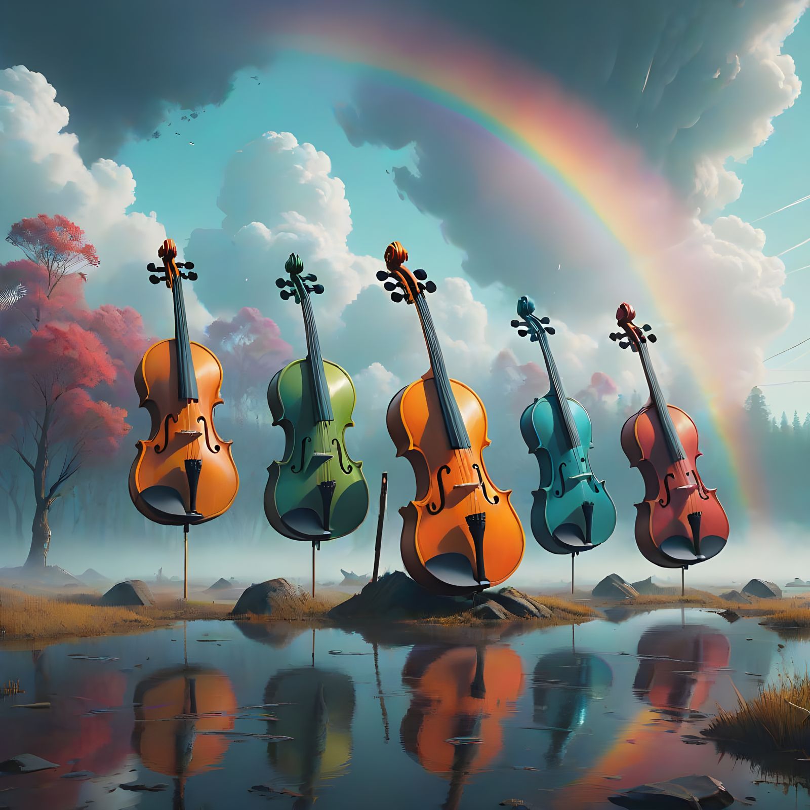 Vibrant Rainbows Unite 10 Delicate White Violins in a Kaleid...