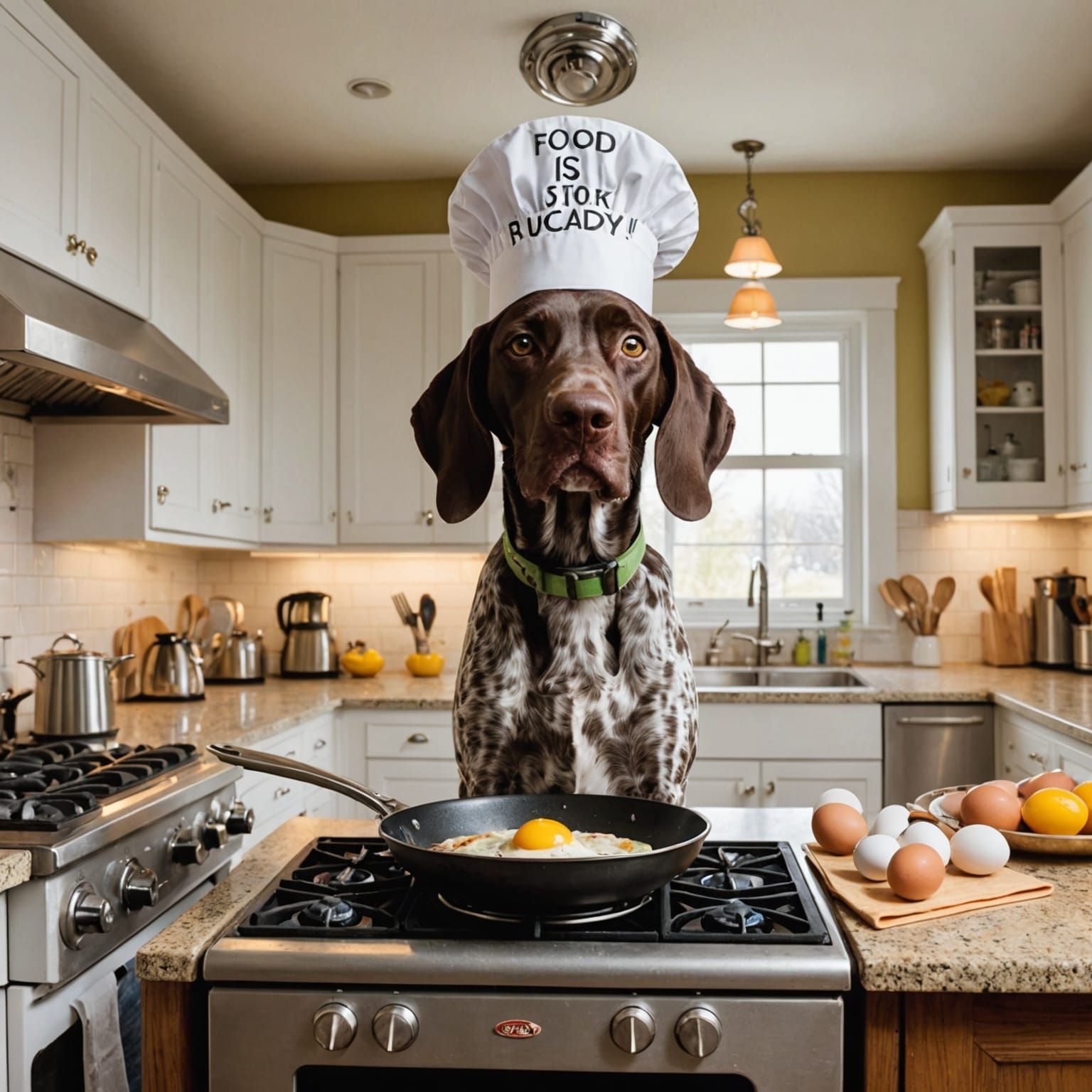 "A mischievous German Shorthaired Pointer in a chef's hat st...