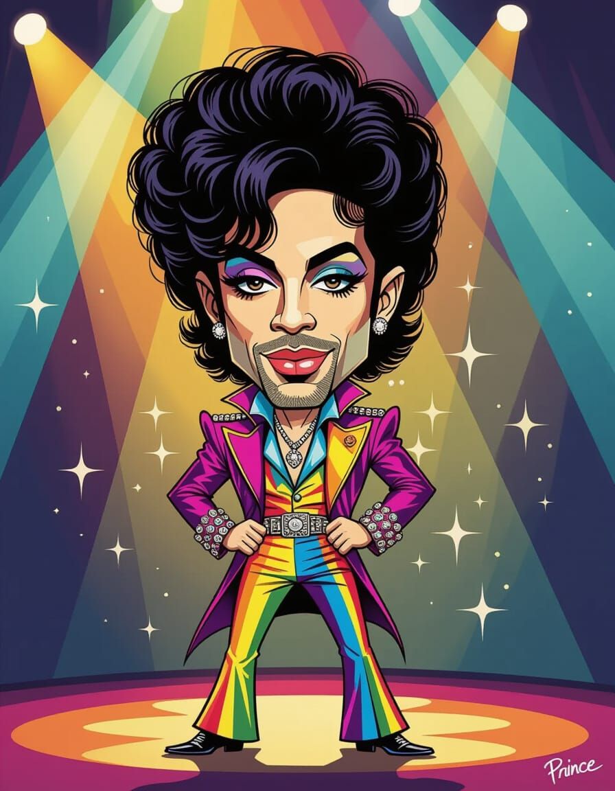 Playful Caricature of Prince in Vibrant Rainbow Attire