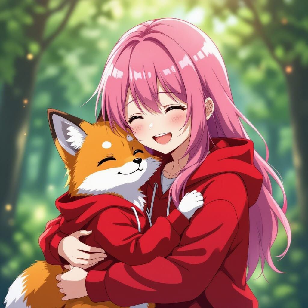 Anime Woman Joyfully Hugs Fox in Red Hoodie