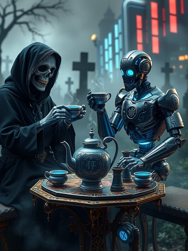Grim Reaper and a robot having a meeting.