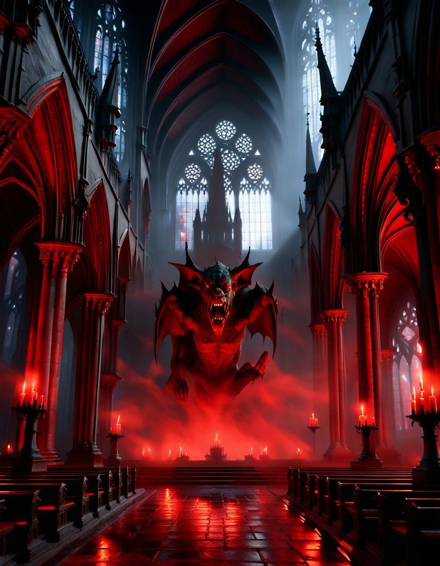 Gargoyles Emerge from Vortex in Gothic Cathedral