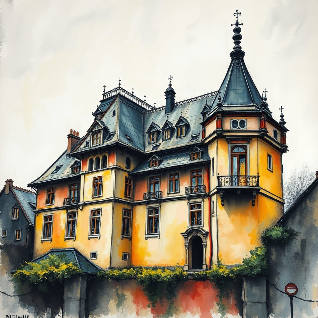 Hotel as Gouache and Watercolor Impasto Painting