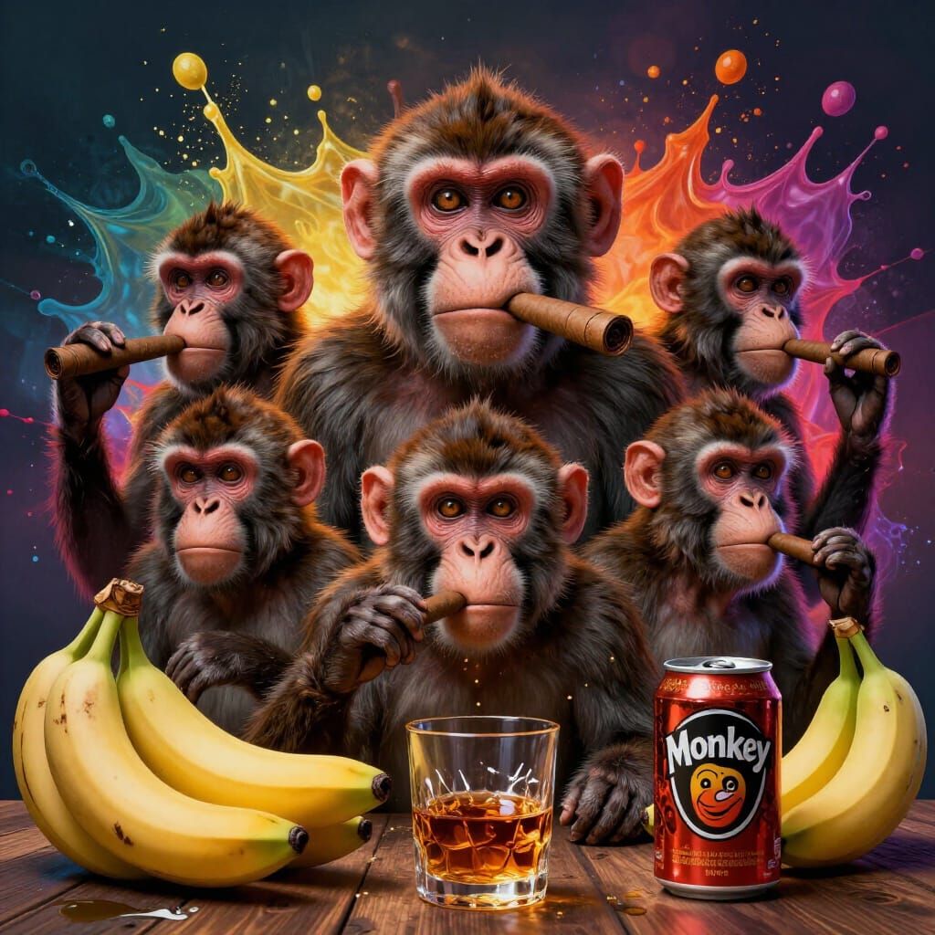 Monkeys Enjoying Cigars and Whiskey in Concept Art Style