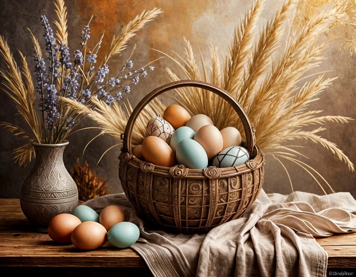 Rustic Wicker Basket Holds Colorful Easter Eggs and Spring F...