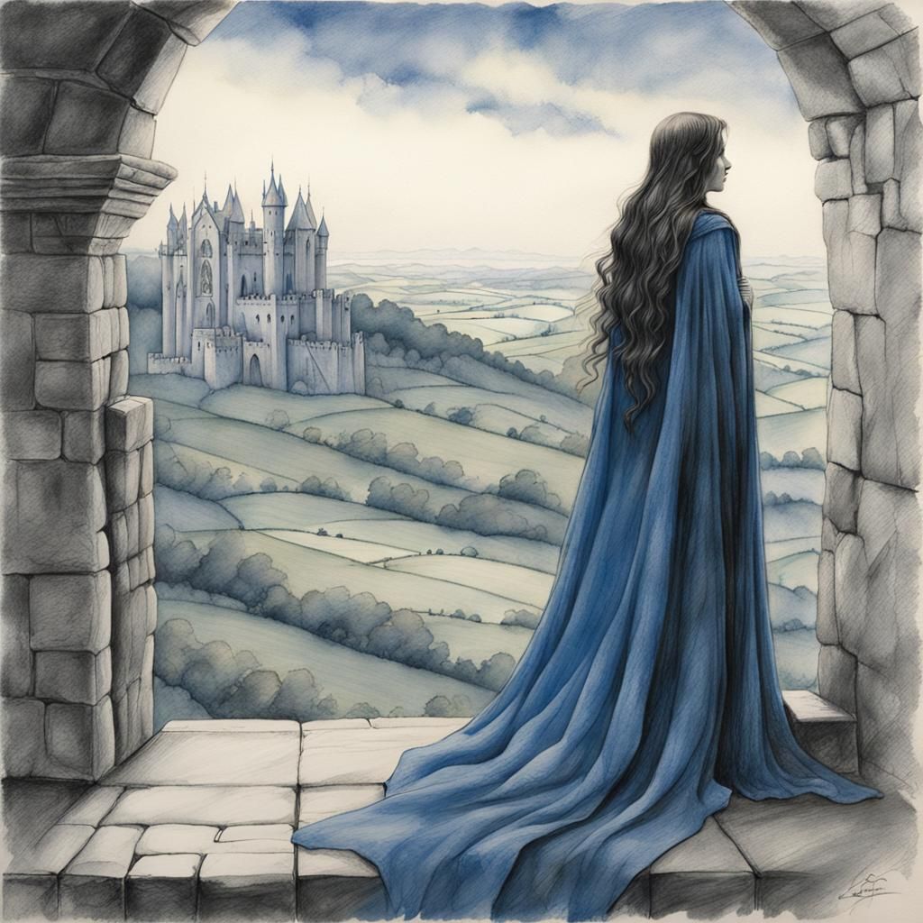 Woman Gazing Over Field in Hyperdetailed Charcoal Drawing