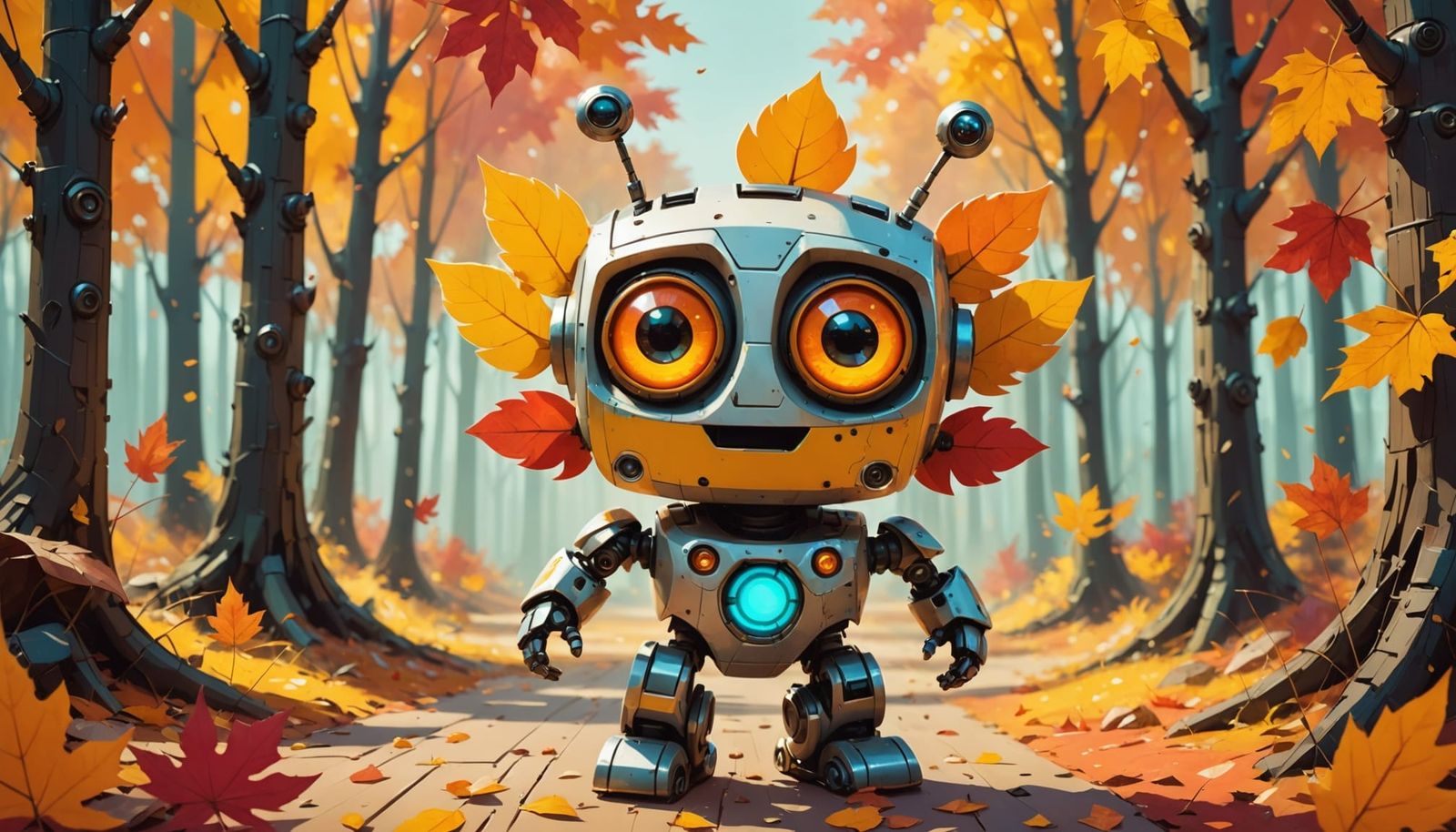 Cute Fluffy Robot Holding Autumn Leaf in Abstract Forest