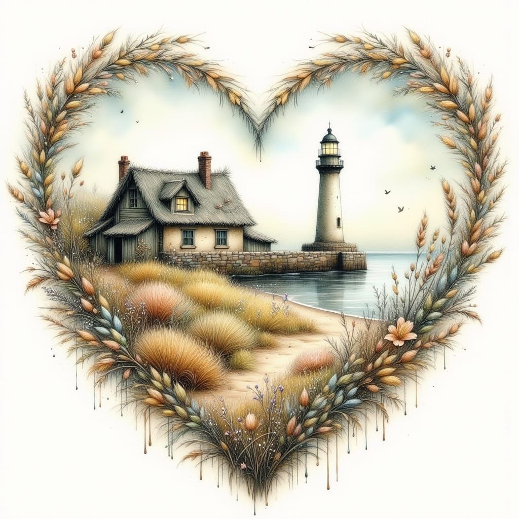Whimsical Seaside Cottage in Heart Frame