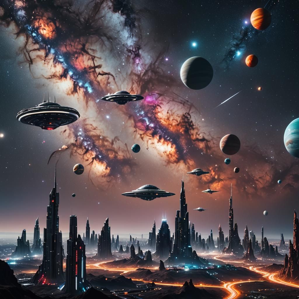 Sci-Fi Skyline with Silver Spaceships and Planets