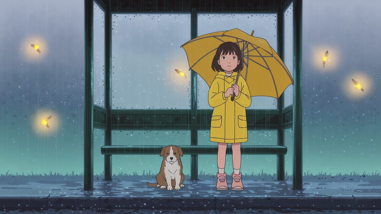 Glowing Twilight Girl Waits in Rainy Bus Stop, Anime Style