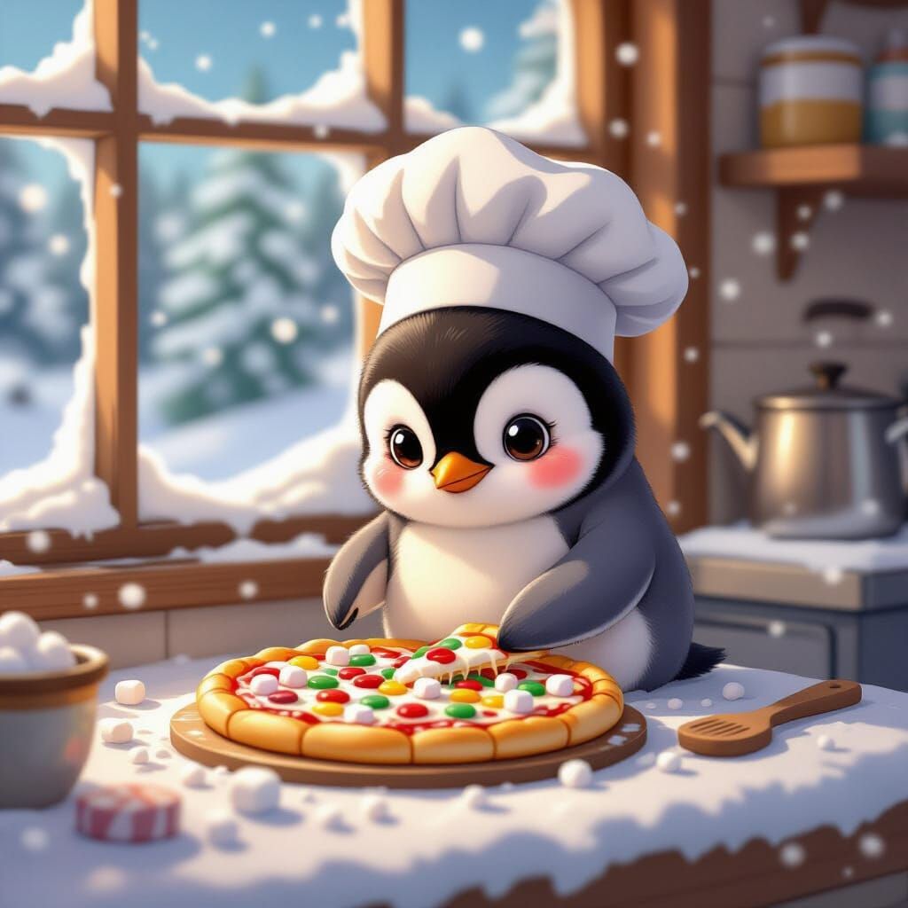 Penguin Chef Creates Candy Pizza, Ghibli Style