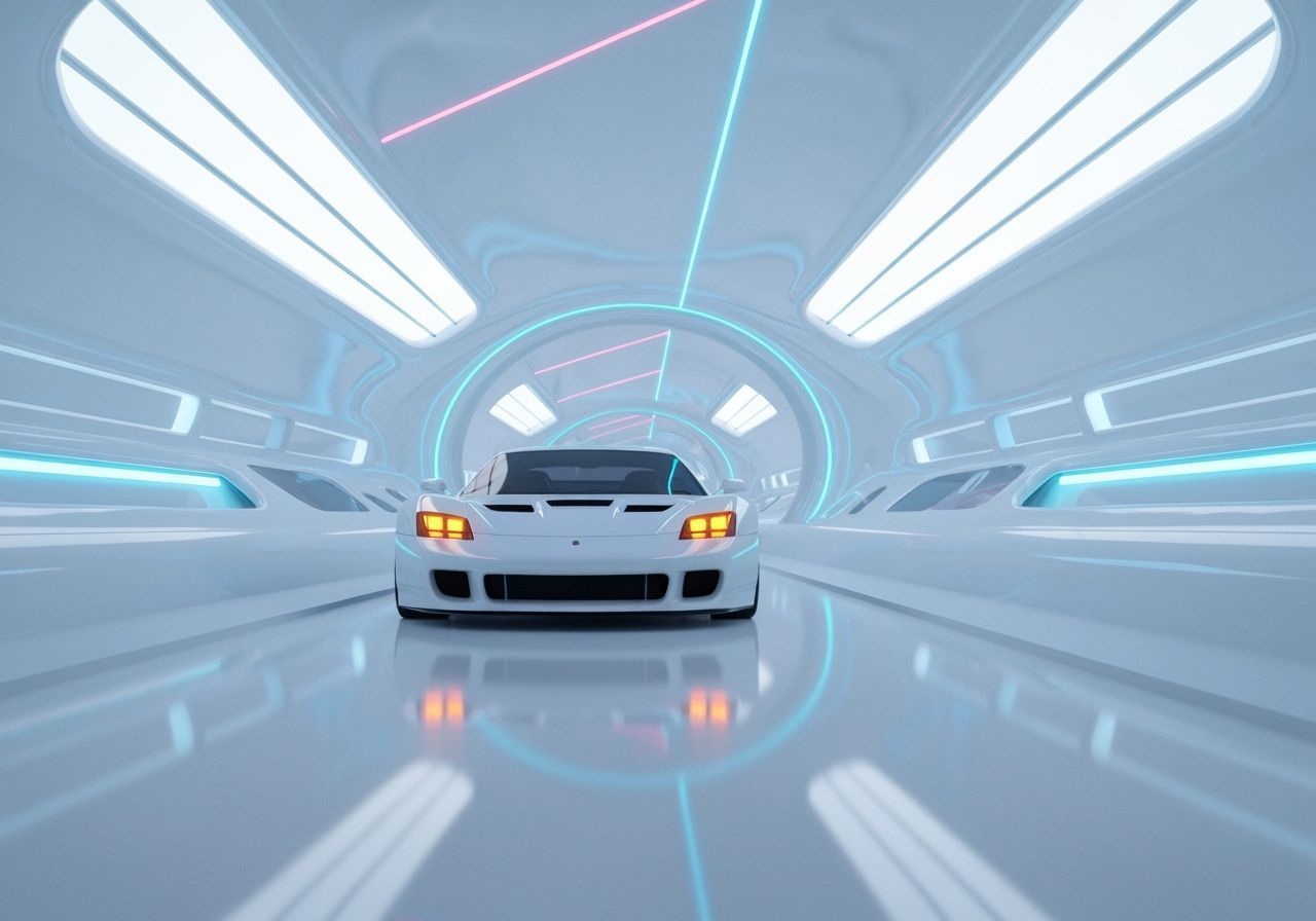 Futuristic White Sports Car in Neon Tunnel
